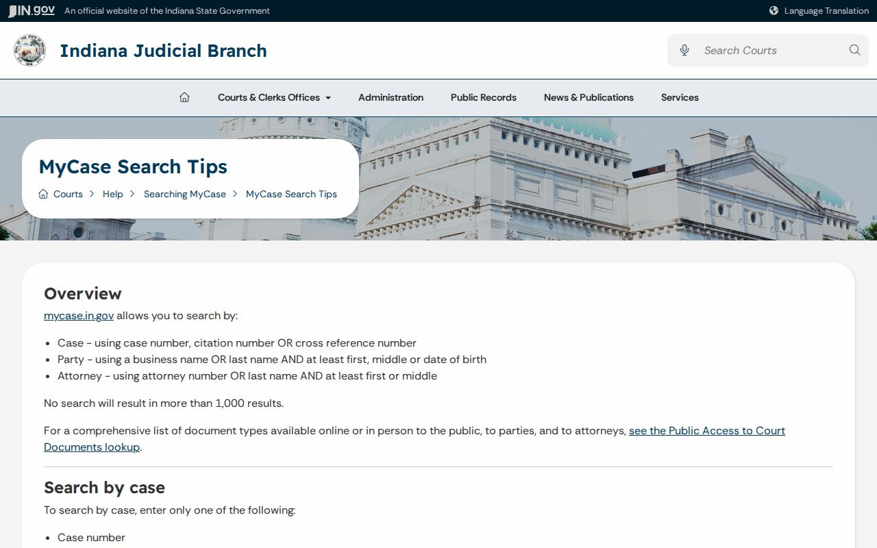 Indiana MyCase search tips for Lake County court records