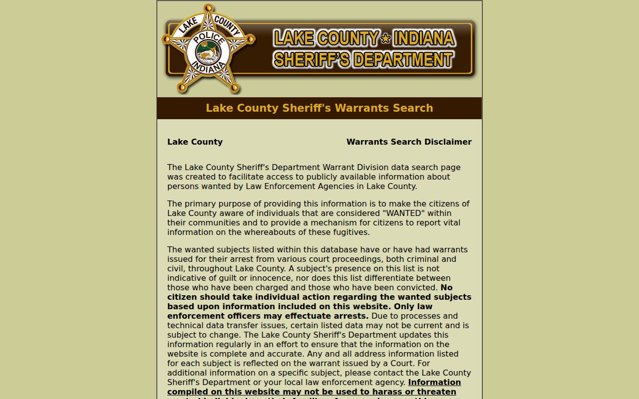 Lake County Sheriff active warrant database disclaimer
